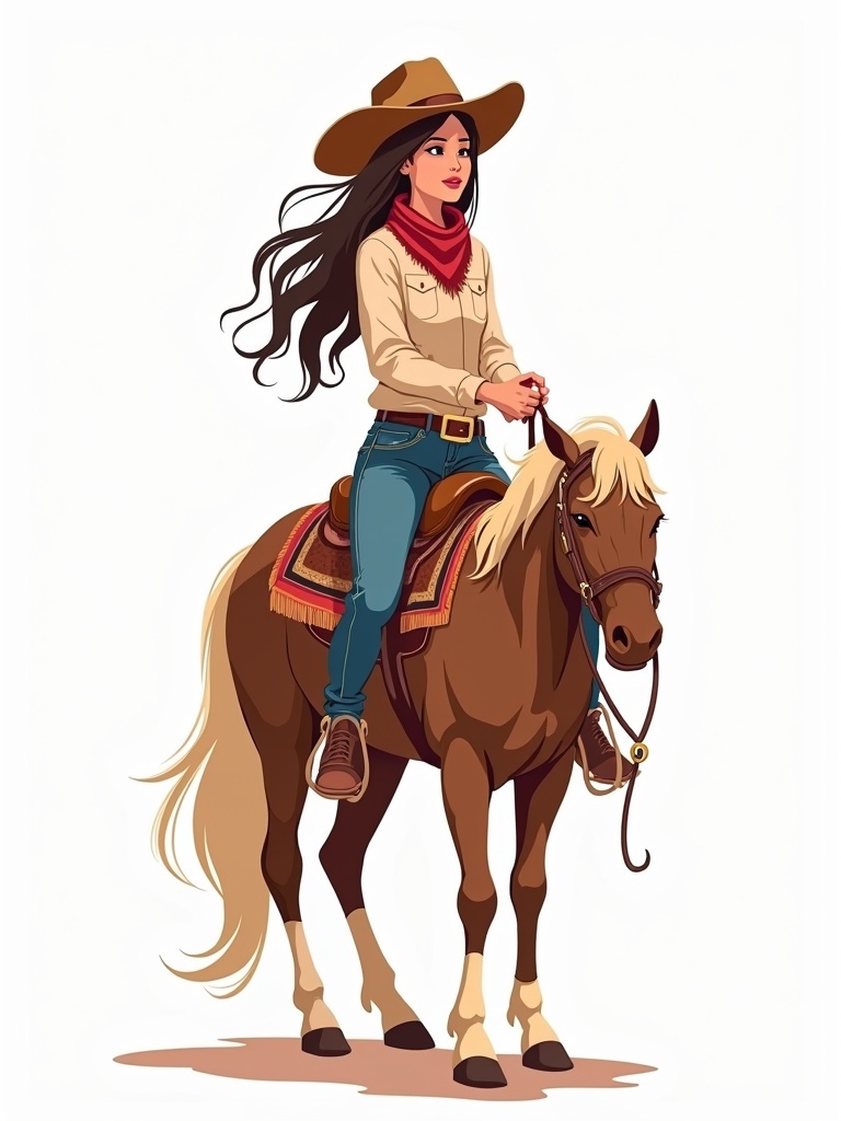 A clipart of a rodeo cowgirl on horseback. The cowgirl has long hair and is wearing a cowboy hat, western shirt, bandana, and jeans. The horse is a light brown color with a blonde mane and tail. The image is hand-drawn in a boho graphic style, isolated on a white background.