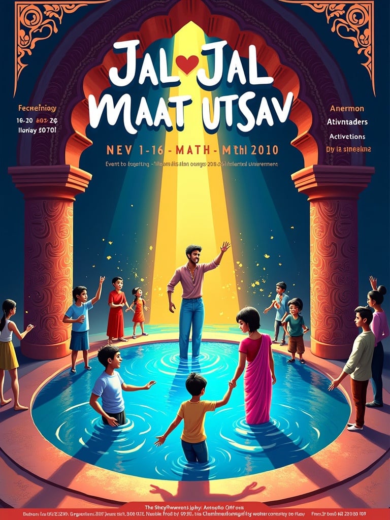 Colorful poster design for a water conservation event. Festive atmosphere with people celebrating around a illuminated water source. Artistic font used for event details. Vibrant red and blue color scheme highlights water's importance. Symbolic lighting represents victory. Central figure in a dynamic pose with attendees around pool.