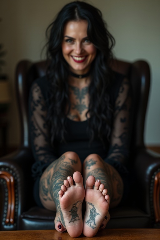 Mature goth woman with tattooed soles shows bare feet. Dark goth clothes are worn. She sits on a chair with feet on a table. Smiling expression is visible.