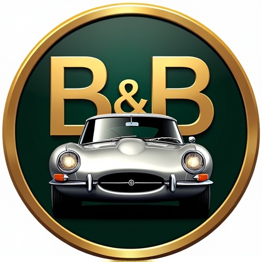 Design a luxurious logo featuring B&B Automobiles. Showcase a silver Jaguar E-Type car with headlights on. The logo has mirrored gold B letters. Use a dark green background with a gold gradient. The design emphasizes sportiness and elegance.