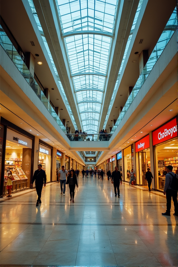 A bustling indoor shopping mall with a high glass ceiling and numerous store fronts.