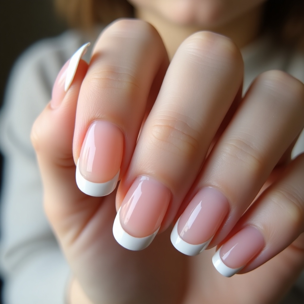 This image showcases a close-up of a girl's nails, featuring a classic french tip design. The nails have a soft pink base with striking white tips, highlighting the elegance of the manicure. The focus is on the luminance of the nails, accentuated by soft lighting. The perspective captures the beauty and detail of the nail art, making it eye-catching. This image is perfect for beauty blogs and nail salons looking to showcase elegant nail designs.