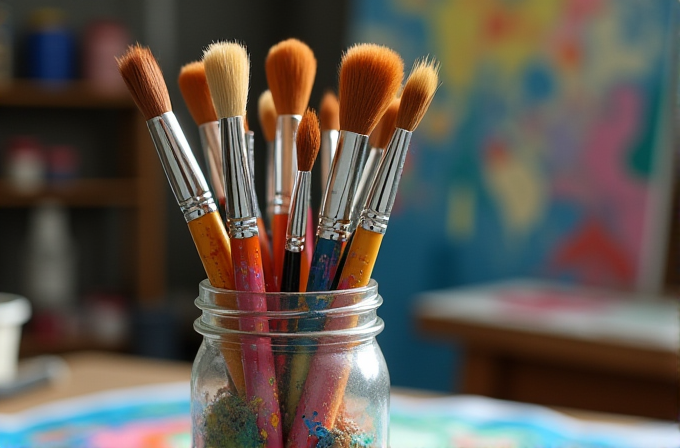 A cluster of paintbrushes in a jar with a blurred colorful canvas in the background.