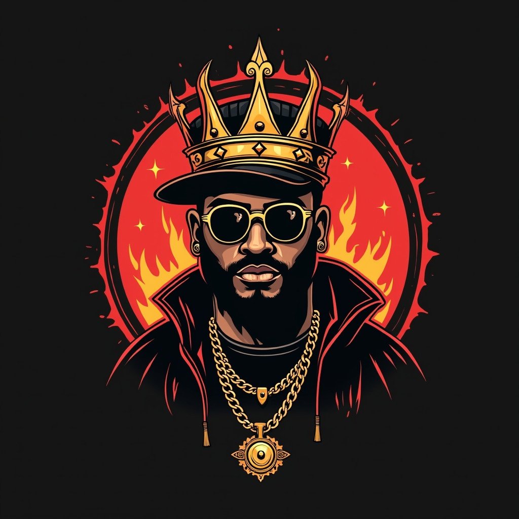 Create a hip hop logo titled Muzic King Blog powered by DisIsHipHop.com. Include a crowned figure surrounded by flames and urban style elements. Emphasize a bold and vibrant design reflective of hip hop culture.