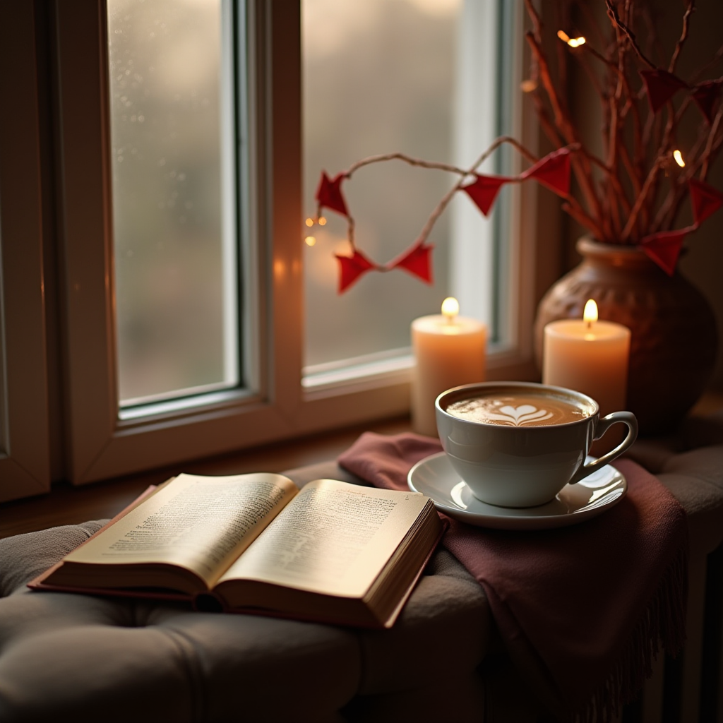 A serene scene of a book, a cup of cappuccino, candles, and decorative branches by the window.