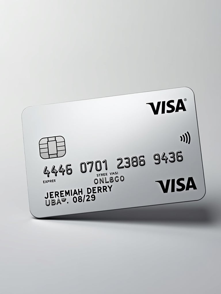 Realistic depiction of a Visa credit card with card number 4446 0701 2336 9412. Name Jeremiah Derry is printed under Visa logo. Expiration date shown as 08/29. The image has a clean silver background with bold black text.