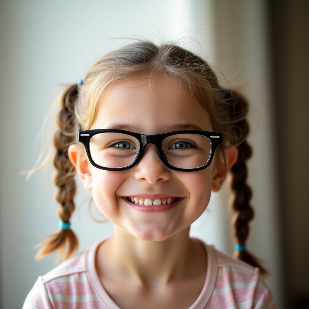 Image features young girl smiling in front of subtle backdrop. She wears large glasses. Hair is styled in two pig tails. Natural sunlight brightens the setting.