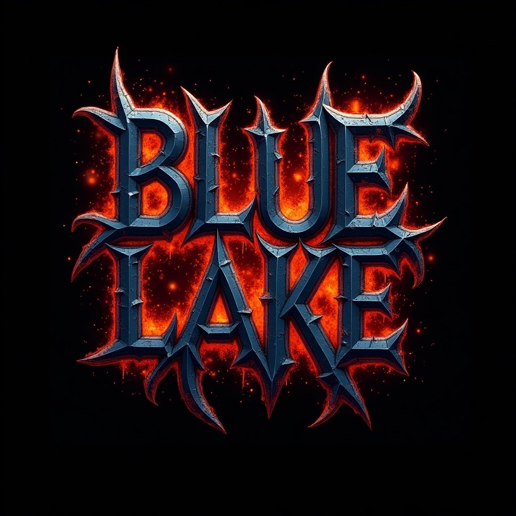 Logo design for a rock band named Blue Lake. Gothic style letters. Sharp edges and bold typography. Fiery background to complement the design. Fit for merchandise like T-shirts.