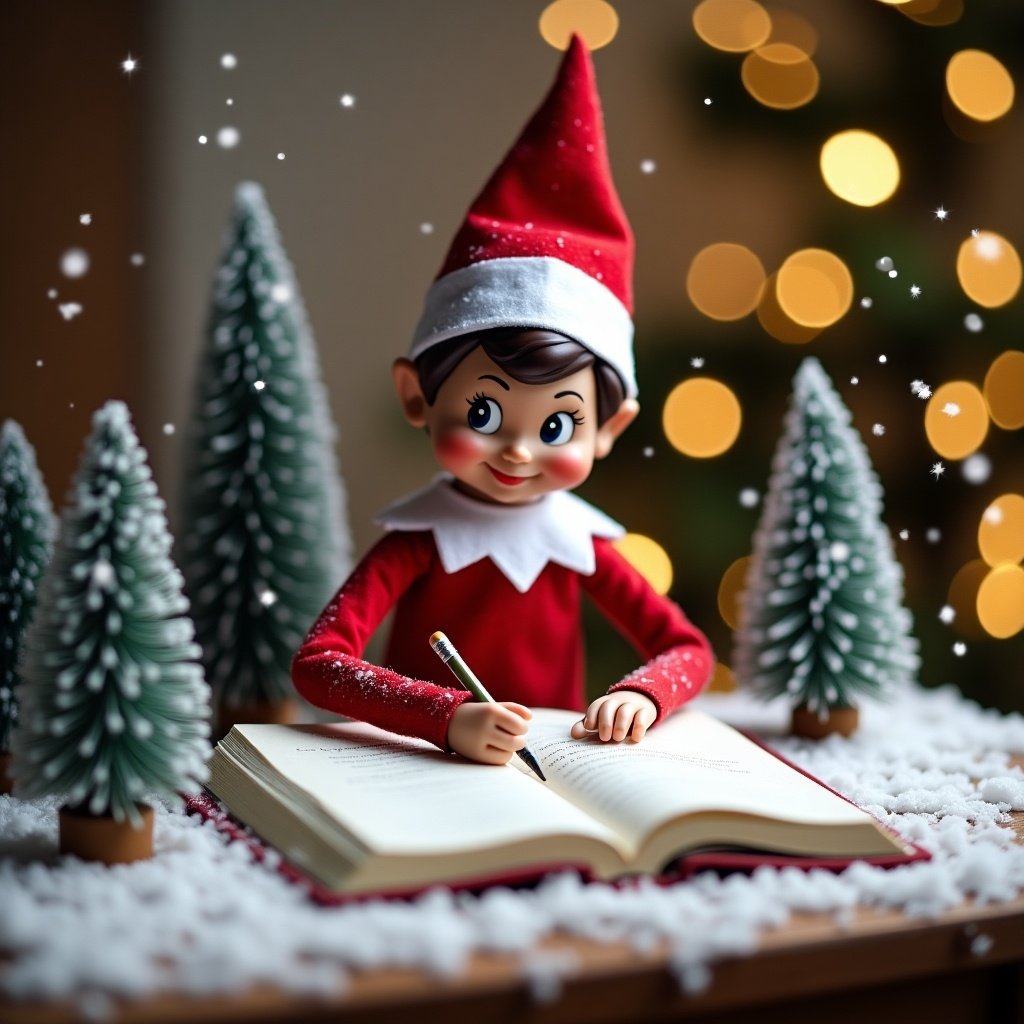 A cheerful black Elf on the Shelf sits at a small table surrounded by snow. Dressed in traditional red and white clothing, the elf is focused on writing in a large book with a pencil. The scene is set with small evergreen trees dusted lightly in snow and twinkling lights in the background, creating a magical winter atmosphere. Snowflakes surround the elf, enhancing the festive charm of the moment. This scene embodies the spirit of Christmas as the elf writes the names Cayden and Cayci.