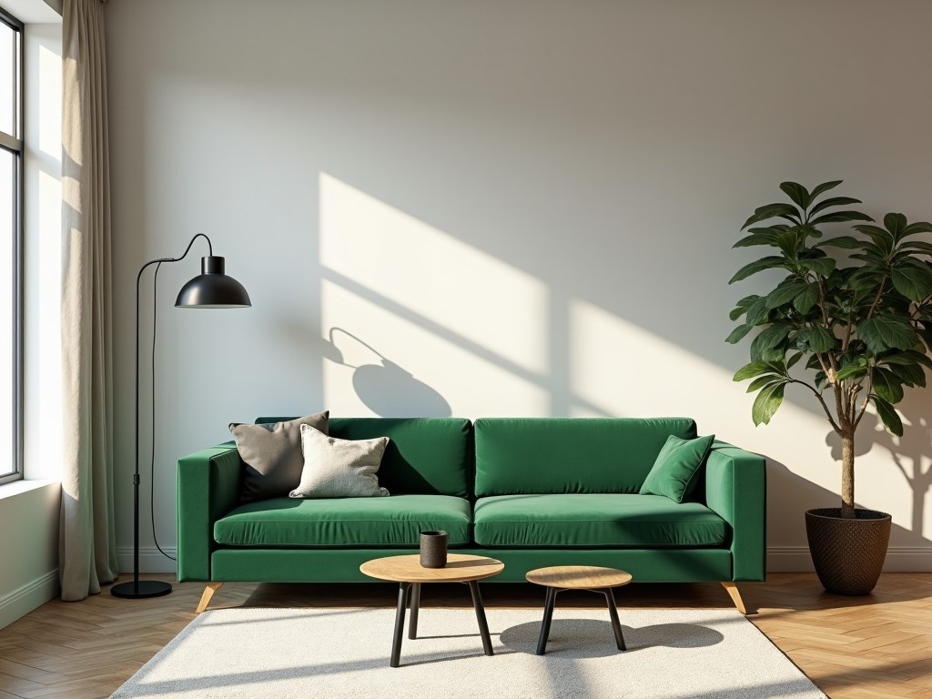 This image showcases a modern green sofa, elegantly styled in a bright and airy living space. The sofa features plush cushions, inviting comfort and contemporary appeal. Sunlight pours in through a large window, enhancing the room's ambiance and casting delicate shadows. A pair of small tables sits in front, adding to the minimalist aesthetic. A tall plant to the side complements the natural decor, creating a serene atmosphere.