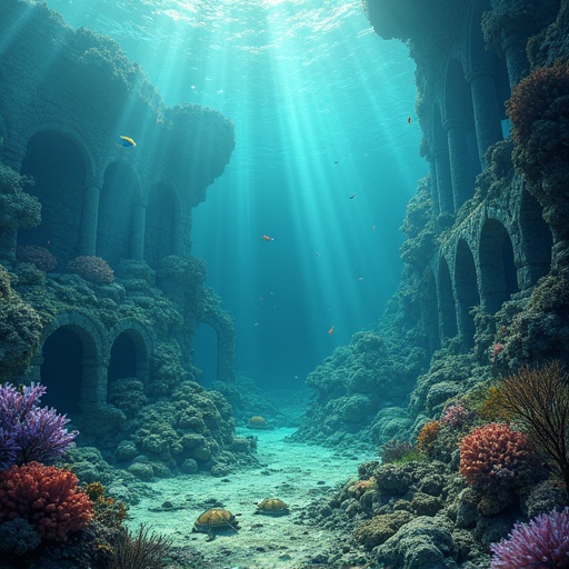 Submerged ruins of Atlantis depicted underwater. Sunlight filters through the water. Coral reefs and marine life surround the scene. Mystical atmosphere suggests a lost civilization.