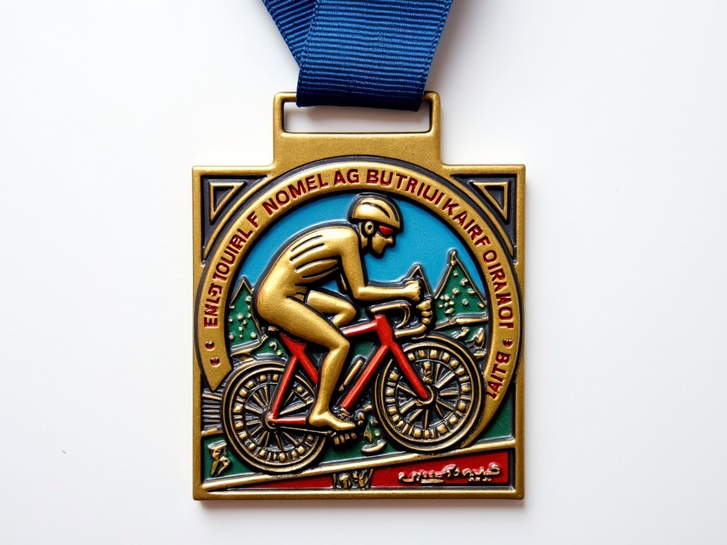 The image shows a detailed medal with a cyclist depicted on it. The medal features vibrant colors, especially blue and red, enhancing its appeal. The cyclist is shown in action, symbolizing movement and achievement. The medal also includes engravings, likely indicating the event name or date. This medal represents recognition in the sport of cycling, showcasing the dedication and accomplishment of athletic participants.