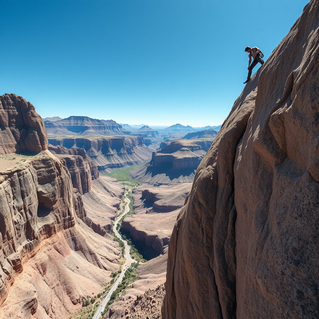 A rock climber stands on a cliffside overlooking a vast canyon landscape.