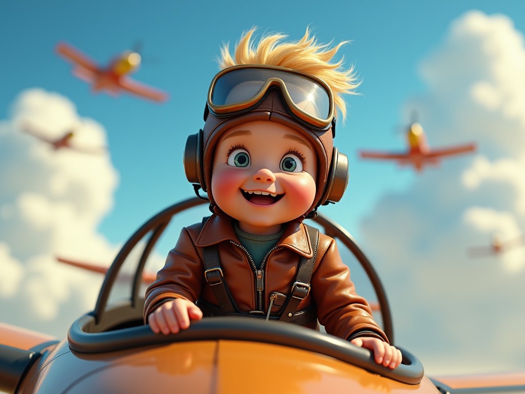 This image depicts a cheerful cartoon baby pilot with fluffy blonde hair and goggles, happily sitting in the cockpit of an airplane. The child is dressed in a brown leather pilot jacket, showing excitement as they smile widely. In the background, several airplanes are flying, creating a dynamic aviation scene. The sky is clear with fluffy clouds, adding to the upbeat vibe. The overall image conveys a sense of adventure and joy, perfect for a children's theme.