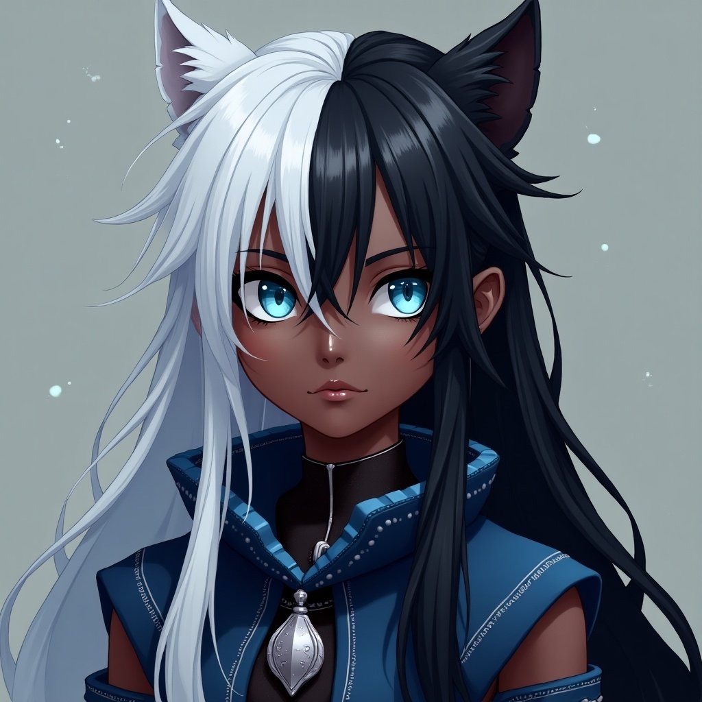 Character design featuring black and white hair. One eye is light blue and the other is dark blue. The character has dark skin and wears a blue outfit.