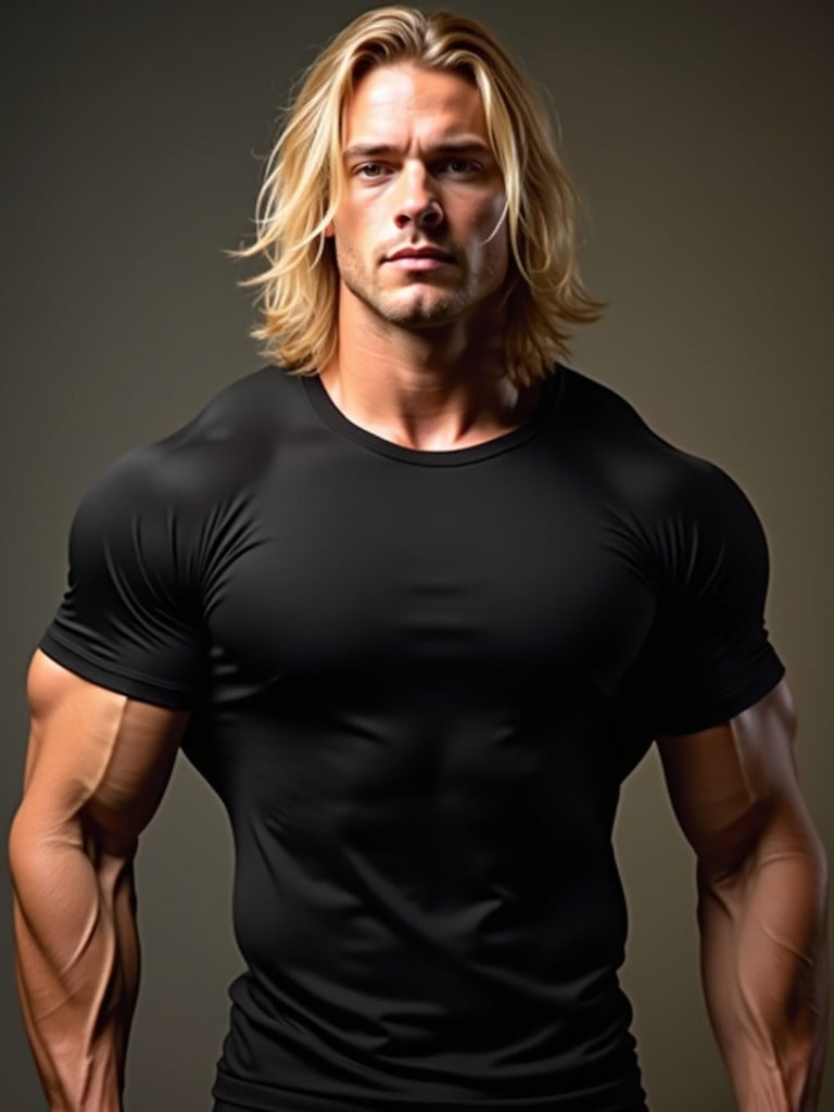 Image features muscular man with long blonde hair wearing tight black shirt. Background has soft lighting to highlight physique.