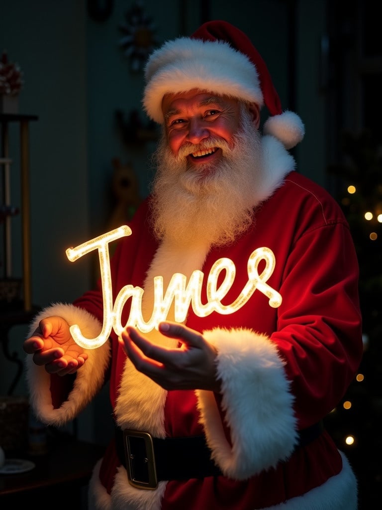 Santa Claus dressed in traditional red and white suit holds a glowing stick with the name James. The background is dark which enhances the illuminated text. This scene captures the magic of Christmas spirit.