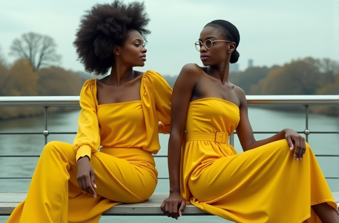 Two women in vibrant yellow dresses sit on a bench by a riverside, exuding elegance and confidence with their stylish poses and fashion.