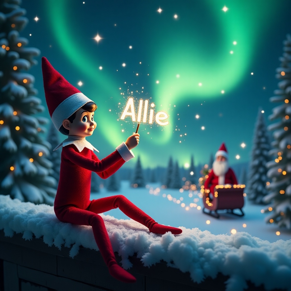 An elf on the shelf sits on a ledge. The elf writes the name 'Allie' with a wand. The background features the northern lights and snow-covered landscape. Santa Claus is in the distance with his sleigh. The elf wears a classic red outfit and pointed hat. The scene embodies the holiday spirit.