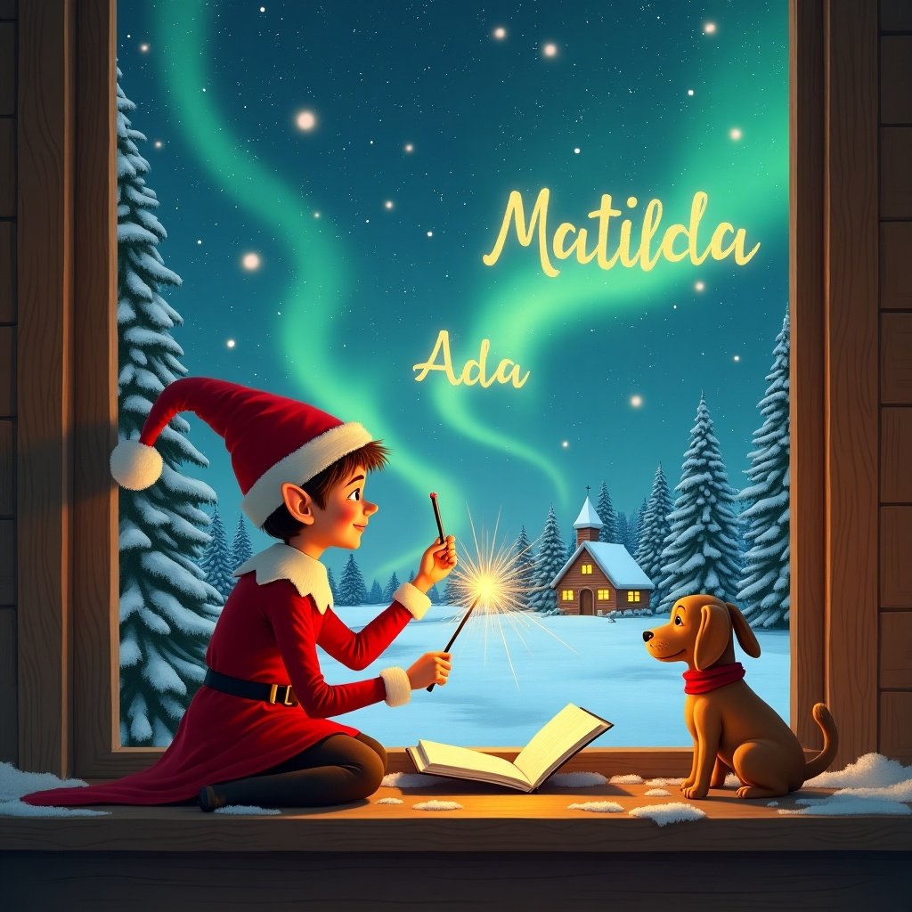 An elf in a red outfit with a pointy hat sits at a cozy window. The scene is lit by a starry night sky. He is happily writing in a book with a sparkler as a magic wand. Beside him, a small dog watches the sparkler glow with curiosity. The outside landscape is snowy, creating a festive atmosphere. The elf’s expression reflects delight and concentration. He writes the names 'Penny' and 'Adam' in the sky with sparkler light, adding a magical touch to the scene. An elf sits on a wooden ledge with its back to the camera, gazing at a magical sky.