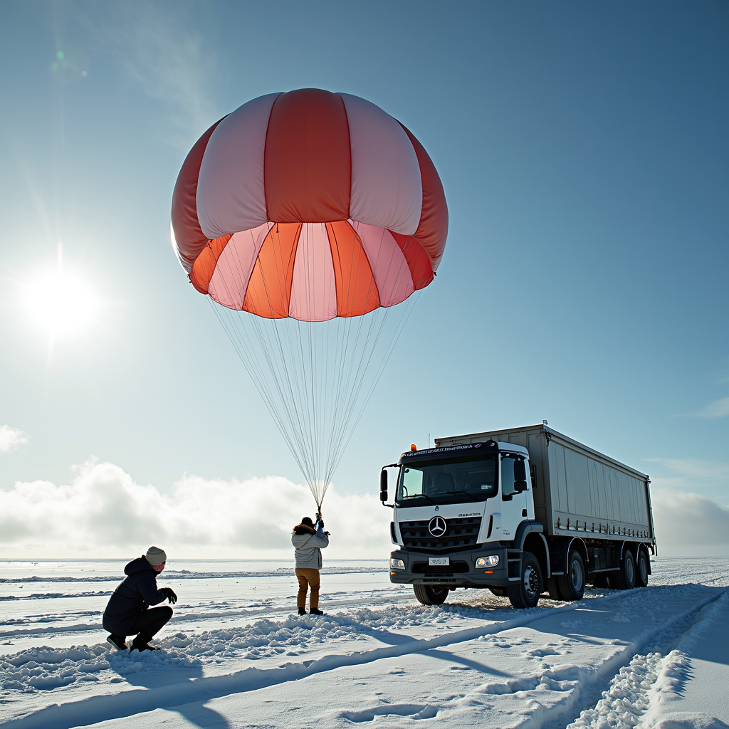 A large truck on snowy ground is tethered to a deployed parachute, with two people nearby observing.