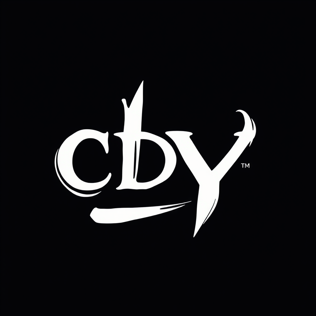 This image features a stylized logo against a black background. The logo consists of the letters 'c', 'b', and 'y', written in a dynamic and artistic font. The white letters are bold and slightly abstract, featuring elongated strokes and curves, giving them a sense of movement and energy. The letters appear to have been painted or brushed on, enhancing the artistic flair of the design. The logo is simple yet striking, standing out sharply in contrast to the dark background.