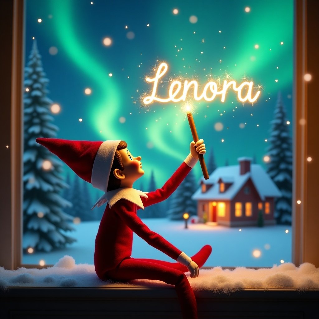 An elf on the shelf sits facing away, gazing upwards. It holds a glowing wand that sparkles. The background features a Christmas scene with northern lights. A cozy holiday-decorated house is in the distance. Snow covers the ground, creating a wintry feel. The elf shows playful magic and wonder of Christmas. The name Lenora is written in the air with the wand, symbolizing holiday cheer.