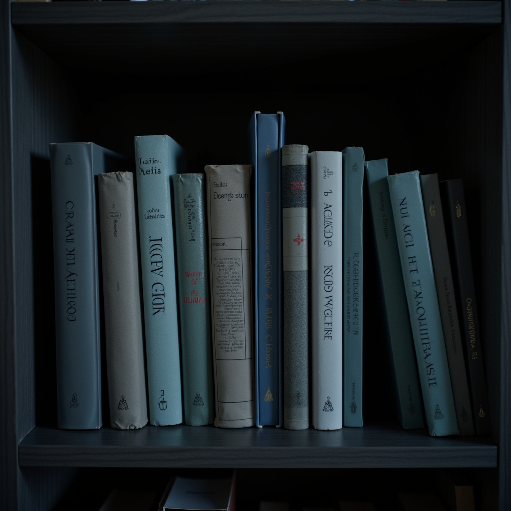 A collection of vintage books with decorative covers displayed on a dimly lit shelf.