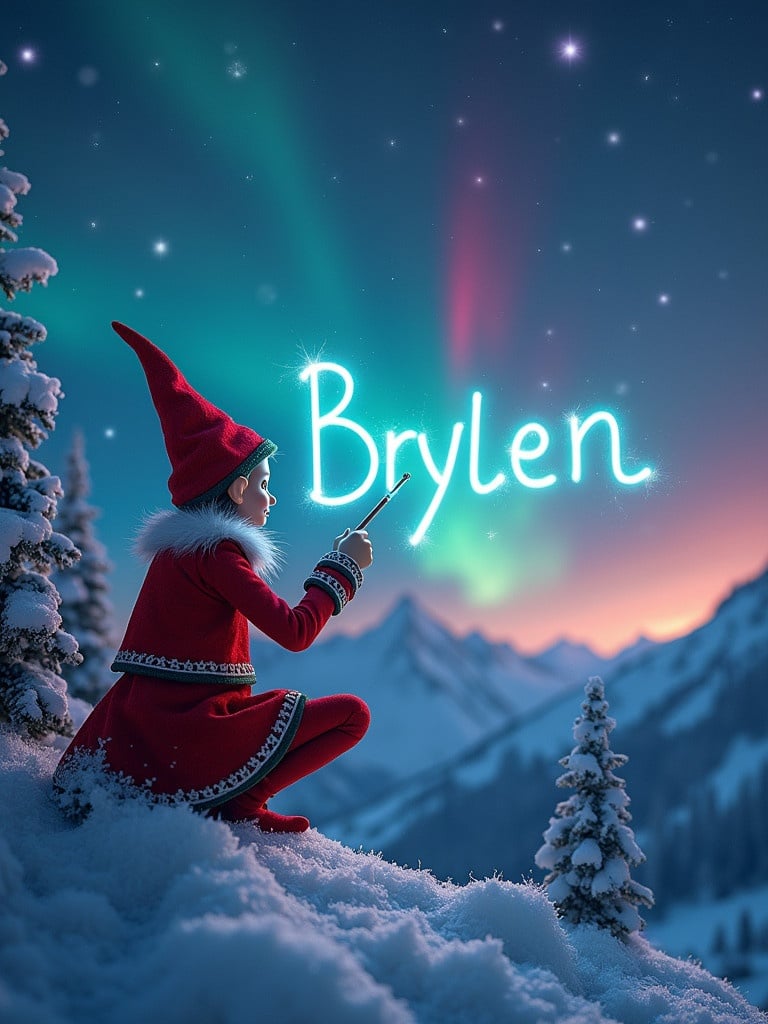 Traditional red elf in snowy mountains writing with a magic wand glowing name 'Brylen' in the stars. Northern lights in red, cerulean, purple on the horizon.