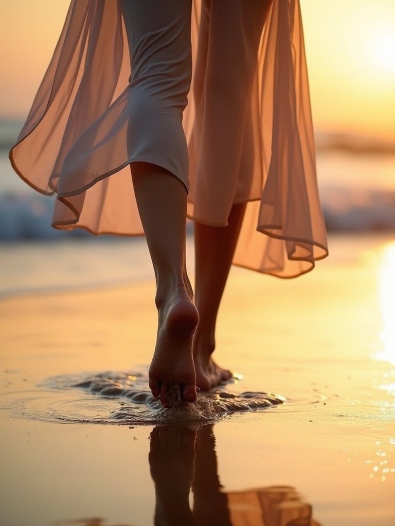 Person walks barefoot on wet sand at sunset. Lower half of the person visible. Light, airy dress flowing. Soft glow from sunset illuminates scene. Gentle breeze makes edges of dress flutter.