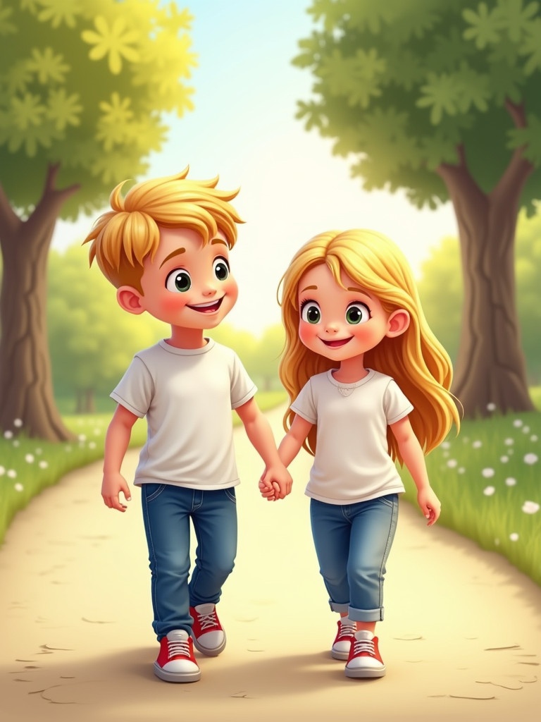 A cartoon image features two young children walking in a park. The boy has short blonde hair and the girl has long blonde hair. Both wear white shirts and blue jeans. The scene includes green trees on both sides and a sunny background.