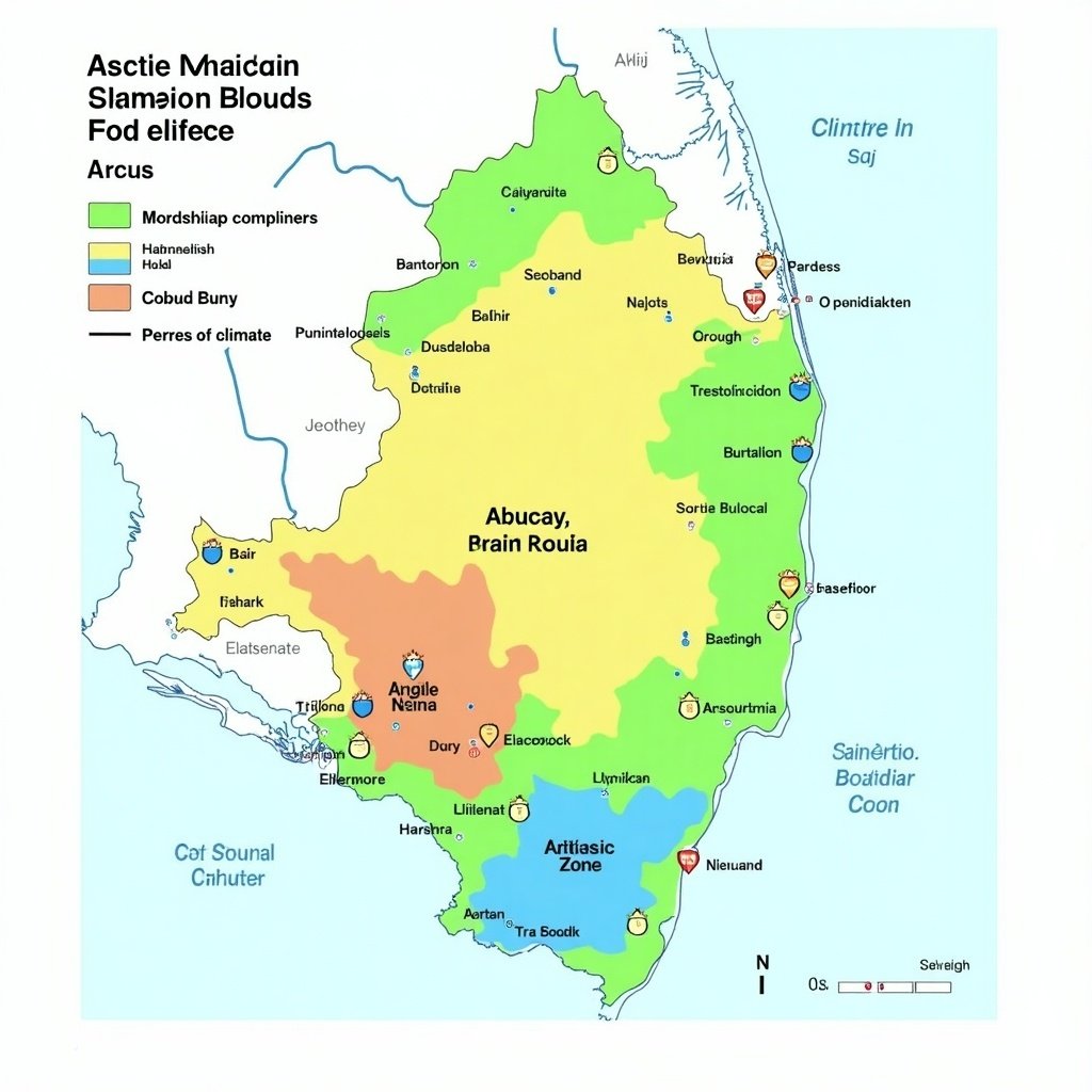 This image is a colorful climate zone map of Abucay, Bataan. It illustrates various regions differentiated by climate indicators, marked with notable areas. The vibrant color scheme enhances the clarity of the climate distinctions. The map is designed from a top-down perspective, showing an overview of the area's geographical layout. Key locations are prominently depicted for educational and informational purposes.