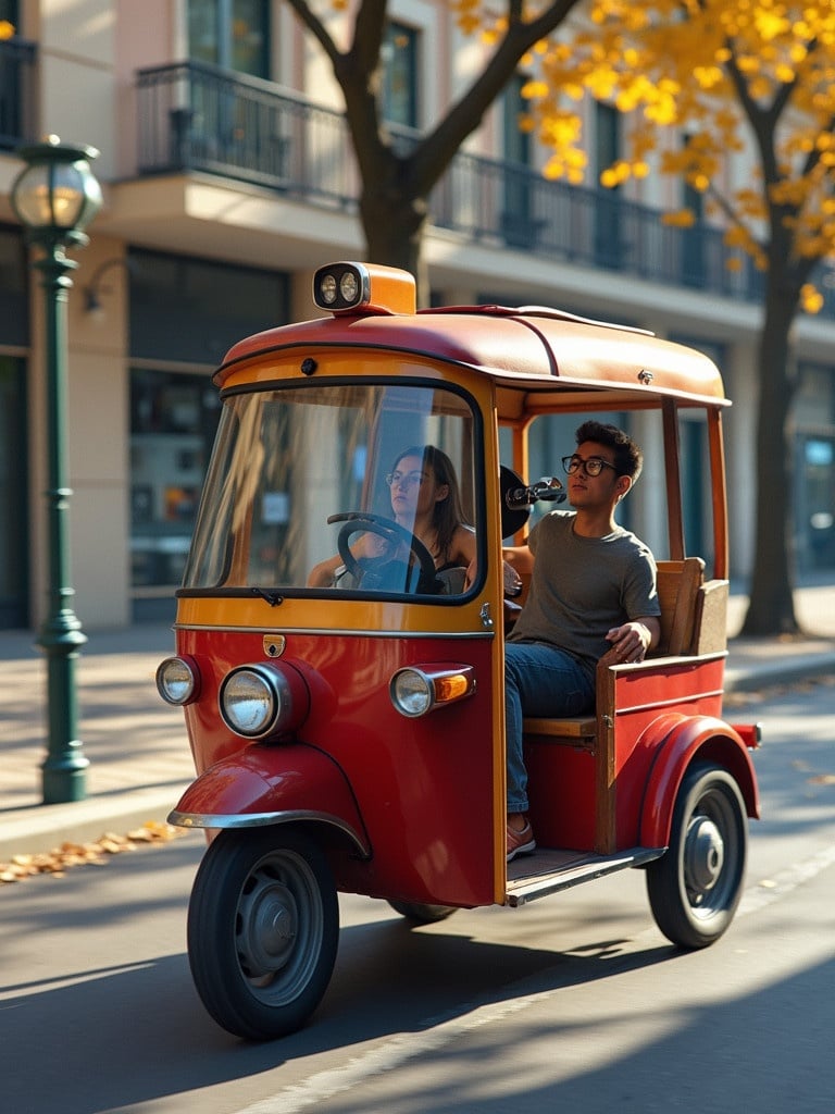 A vibrant red auto rickshaw moves through a city street. The scene captures the essence of urban transportation. The street is lined with autumn trees. Warm sunlight enhances the red of the cart.