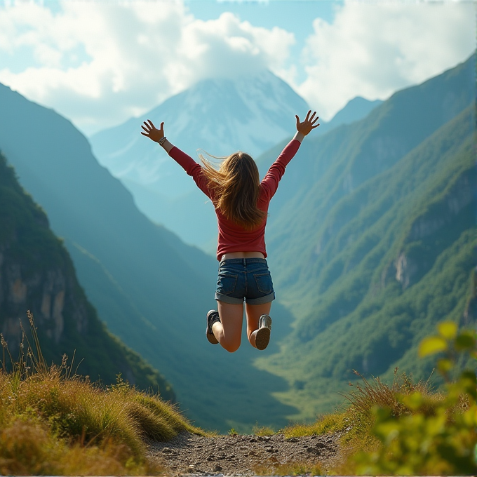 A person is joyfully jumping on a mountainside pathway with a stunning snowy peak in the background.