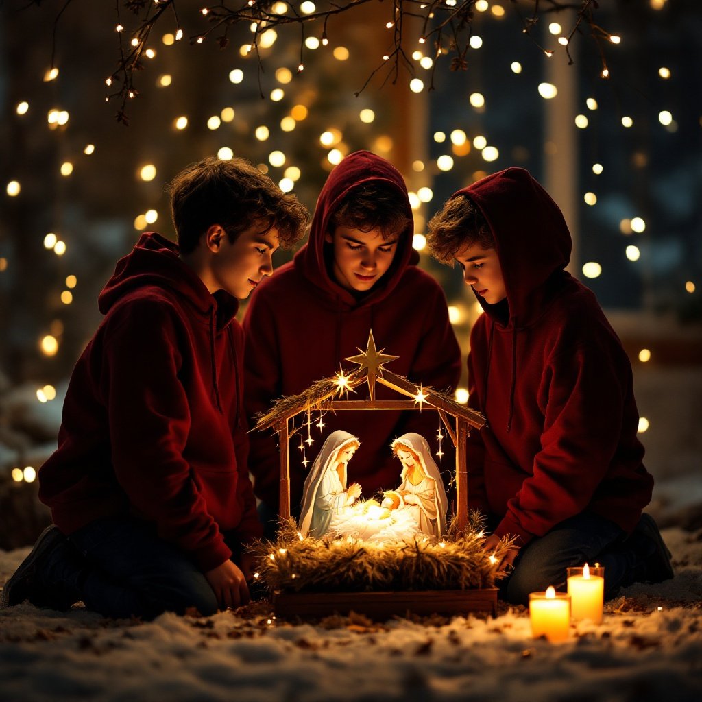 Three sixteen year old boys in maroon hoodies kneel and stand around a Christmas manger scene. Warm candlelight illuminates their surroundings. Soft fairy lights create a festive background. The nativity scene glows with the figures of Mary, Joseph, and baby Jesus. The boys appear engaged and curious in the atmosphere of the holiday.