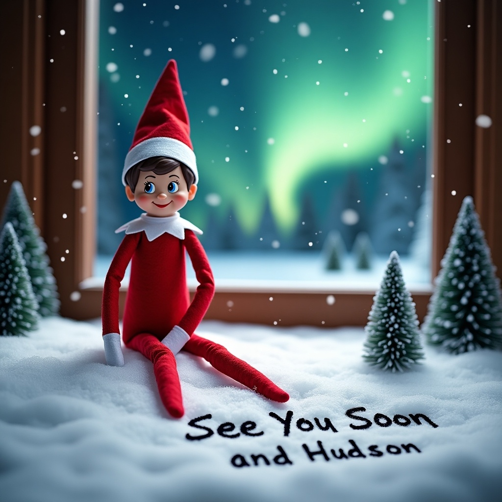 Elf on the Shelf in a winter scene. Elf has a red outfit and white trim. Elf is writing in the snow. Background shows northern lights. Cozy window with snow. Small evergreen trees. Scene is joyful and festive.