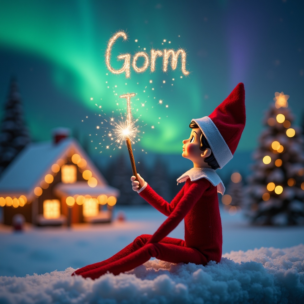 An elf on the shelf sits with its back to the viewer, gazing skyward. It holds a glowing wand that emits sparkling light. The background showcases a charming Christmas scene with colorful northern lights swirling above. In the distance, a cozy house can be seen, decorated for the holidays. Snow covers the ground, adding to the winter atmosphere. The elf embodies the spirit of magic and wonder associated with Christmas, as it writes the name ‘Gorm’ in the air with its wand, creating a sense of holiday cheer.