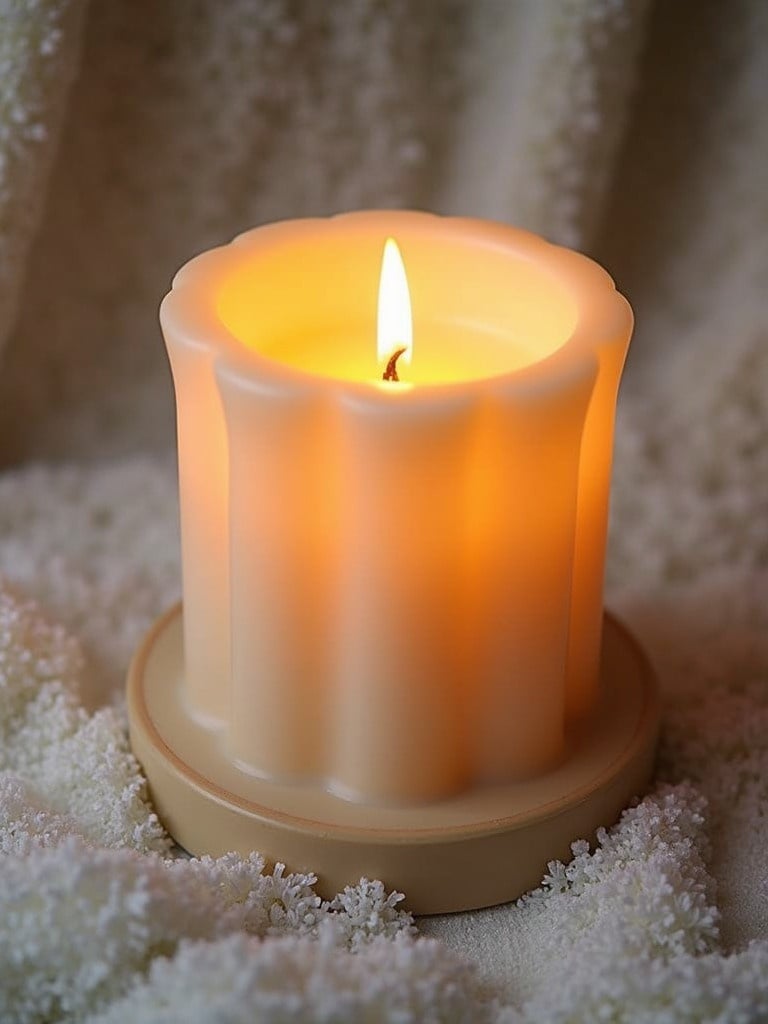 A warm glowing candle on a round base sits amid soft textures. The candle features a wave-like design adding to its charm. The image focuses on the flame and its soft warm light.