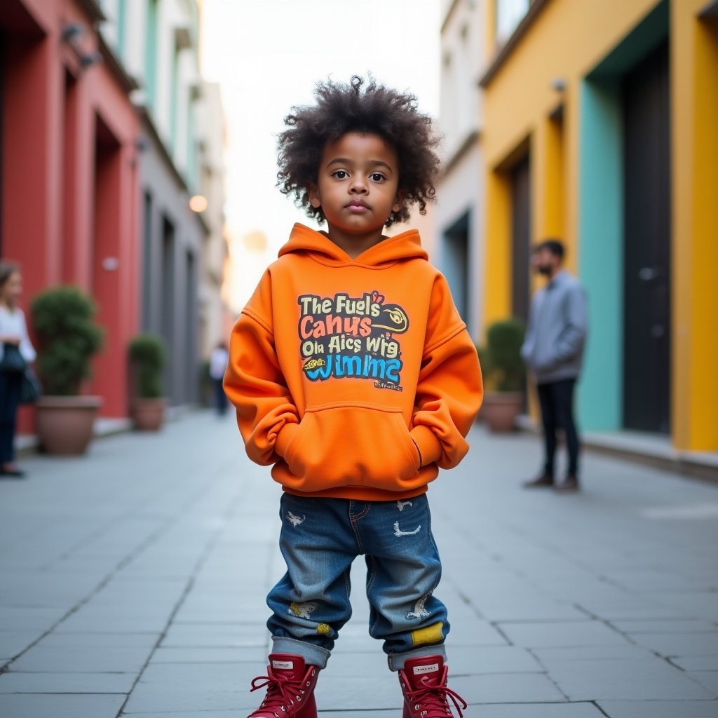 Stylish young child confidently posing in an urban street. Wearing vibrant streetwear clothes. Colorful backgrounds and bright natural lighting.