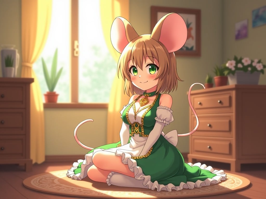 A cheerful character with large mouse ears and bright green eyes sits gracefully in a cozy room filled with natural light. She wears an elegant green and white outfit adorned with golden details, giving her a whimsical yet classy appearance. The warm sunlight streams through the windows, enhancing the cheerful ambiance of the space. Her expression radiates happiness, as if she is welcoming someone into her home. The wooden furniture around her adds to the charming and inviting atmosphere.