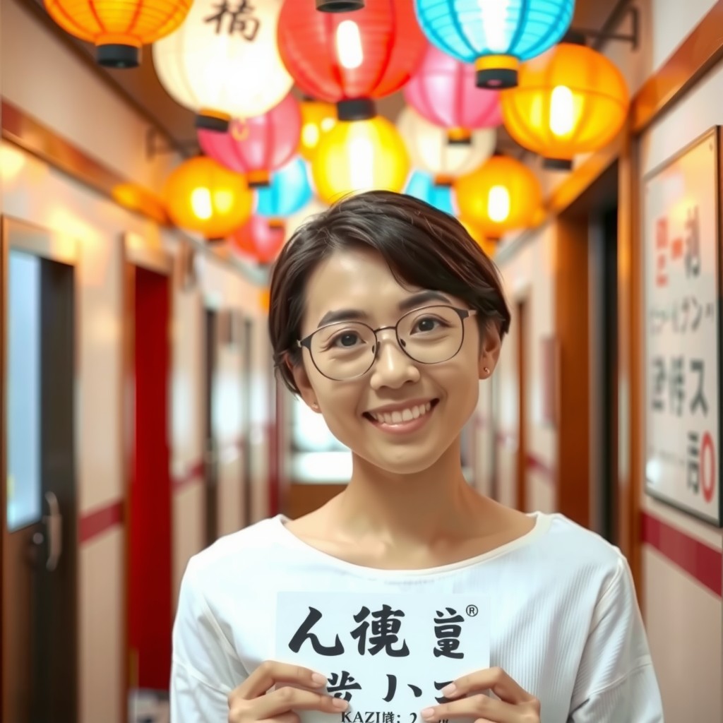 A smiling person stands under vibrant, multicolored lanterns in a hallway.