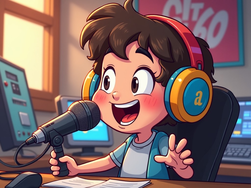 A young cartoon boy is sitting in a cozy radio studio, wearing colorful headphones and enthusiastically speaking into a microphone. He seems excited, with a big smile on his face, enjoying the moment as he interacts with his audience. The studio is designed with friendly colors, featuring various equipment in the background, enhancing the lively atmosphere. The overall mood is cheerful and energetic, making it appealing to a younger audience. This animated illustration captures the essence of fun and creativity in a radio broadcasting setting.