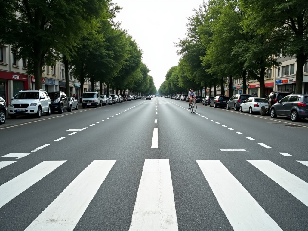 The image shows a wide road with a straight path, flanked by trees on both sides. There are parked vehicles on the left side and a cyclist riding on the right. In the background, there are buildings and signs visible. Over this image, a semi-transparent crosswalk has been added across the road, indicating a pedestrian crossing area. The crosswalk is designed with white stripes, making it stand out against the asphalt surface. This gives a sense of urban environment and enhances pedestrian visibility.