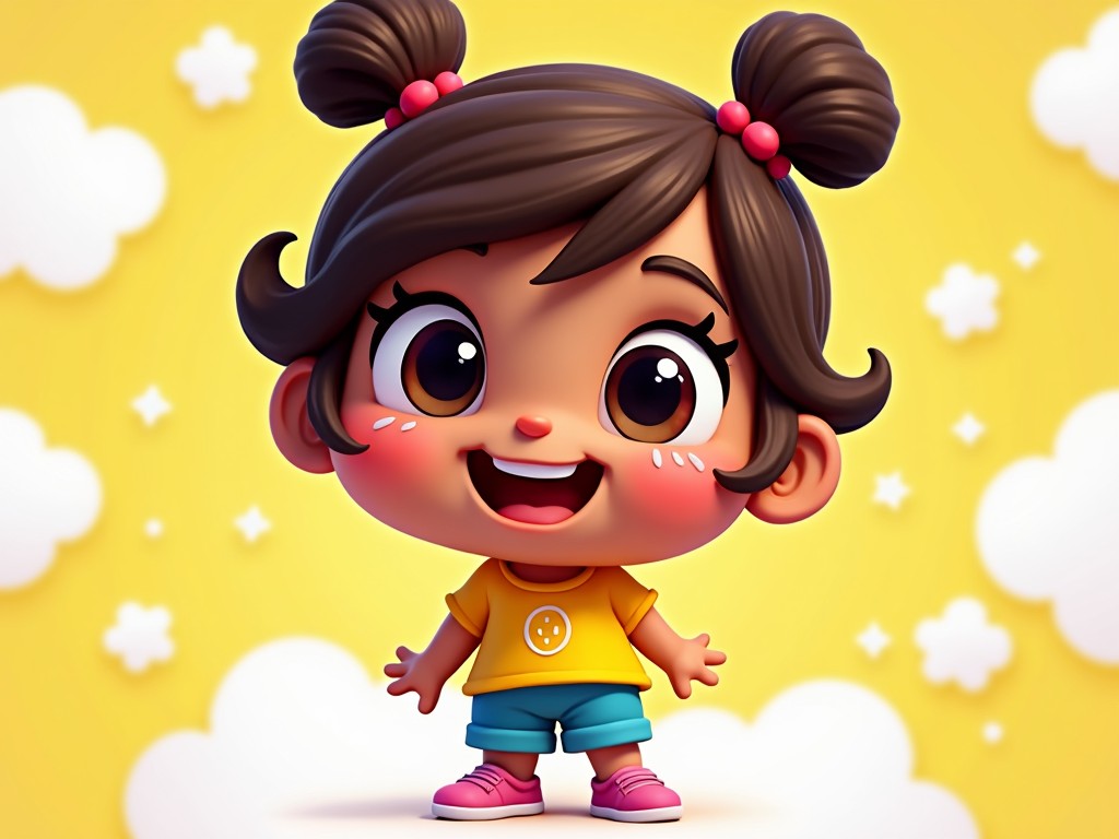 The image depicts a cheerful cartoon girl standing against a bright yellow background filled with fluffy white clouds. She has brown hair styled in two playful pigtails, each adorned with a pink hair tie. Dressed in a yellow shirt with a smiley face emblem and blue shorts, she exudes joy and energy. Her big, expressive eyes and wide smile engage the viewer. The overall composition is vibrant and evokes a sense of happiness and playfulness, perfect for attracting children's attention.