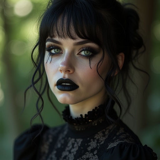 Generate a very realistic beautiful caucasian goth woman with pretty dark makeup and natural lighting