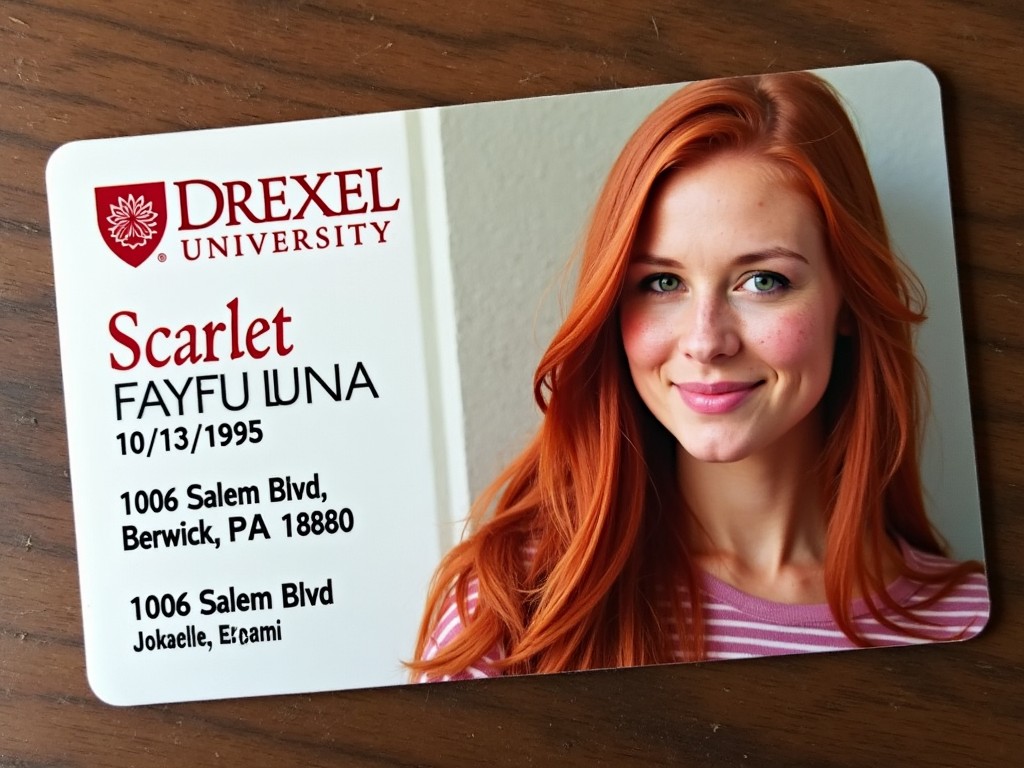 The image features a student ID card from Drexel University. It displays the name Scarlet Fayfu Luna, alongside her date of birth, 10/13/1995. The card includes an address, 1006 Salem Blvd, Berwick, PA 18880. The photograph shows a young woman with bright red hair and green eyes, accentuated by light freckles. She has long, flowing hair, contributing to a vibrant and approachable look.