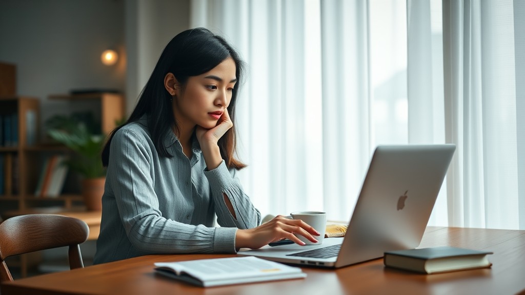 A woman sits thoughtfully at a laptop, with an open book and a cup beside her.