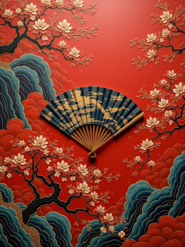 Lacquer art featuring a beautifully crafted fan against a red background. The fan is intricately designed with details that showcase clouds, flowers, and elegant patterns. Traditional Chinese motifs are prominent in the artwork.