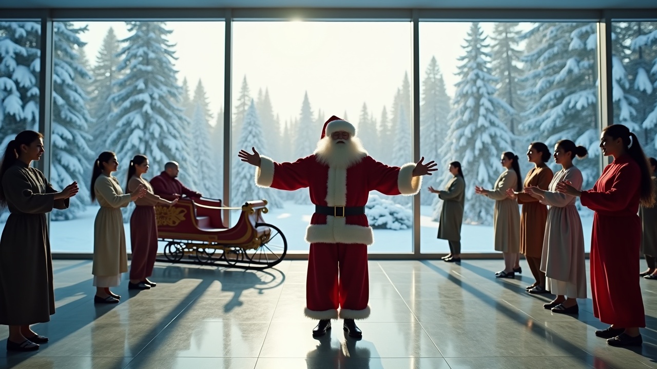 Cinematic image shows Santa Claus in a modern room with open arms. Surrounding are people practicing Tai Chi. Snowy woods and sky visible through openings. Sleigh parked nearby. Wide shot with Santa and a group of cheerful individuals.