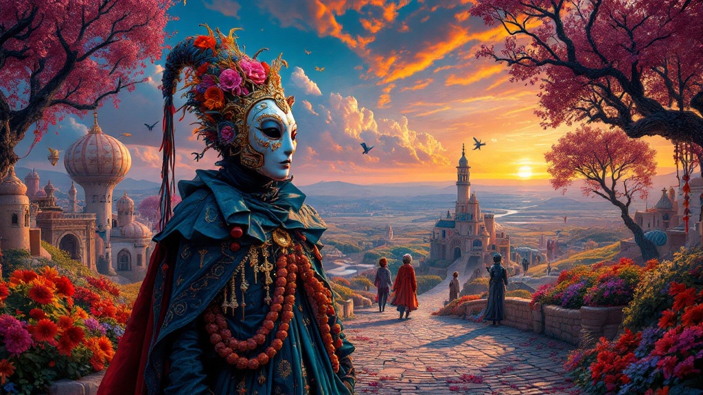 Surreal scenery inspired by Commedia dell'Arte. Fantasy world with vibrant flowers and castles. Warm sunset lighting. Detail-rich digital art in Wojtek Siudmak style.